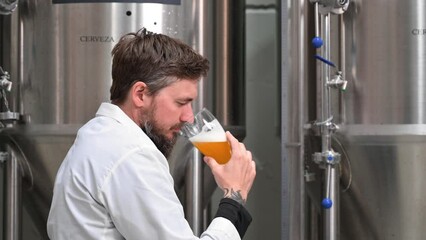 Brewer wearing white coat controlling process of beer fermentation while working at modern beer factory. High quality 4k footage