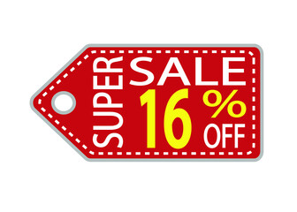 Offer tag. 16 percent off. Discount for big sale. Red, white and orange label