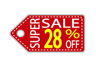 Offer tag. 28 percent off. Discount for big sale. Red, white and orange label