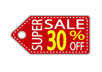 Offer tag. 30 percent off. Discount for big sale. Red, white and orange label