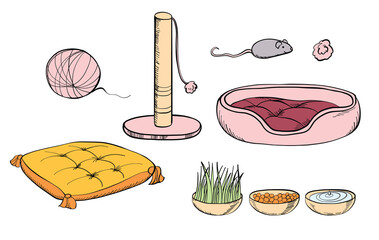 A cat set for cute kittens, soft pillows and accessories for games and sleep. 