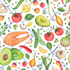 Watercolor illustration of the Mediterranean diet. Seamless pattern on a white background. A set of vegetables: tomatoes, salmon, avocado, garlic, celery root, hot pepper, onion and herbs. 