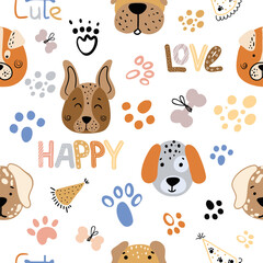 Baby, Kids, Children seamless pattern with handmade dogs. Fashionable scandalous vector background. Ideal for children's clothing, fabrics, textiles, baby decorations, wrapping paper