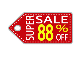 Offer tag. 88 percent off. Discount for big sale. Red, white and orange label
