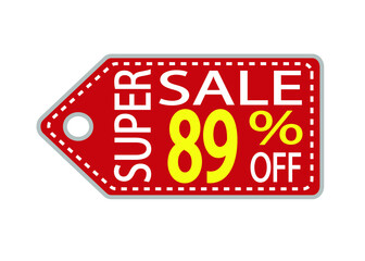 Offer tag. 89 percent off. Discount for big sale. Red, white and orange label