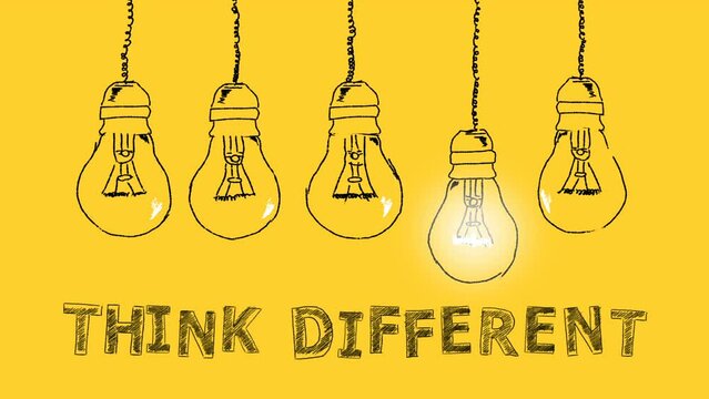 Think different. Be unique. Set of light bulbs hand drawn on a yellow background. Idea concept. Unique thinking concept