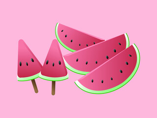 Illustration of 3D Chopped Water melon and popsicle isolated in pink background