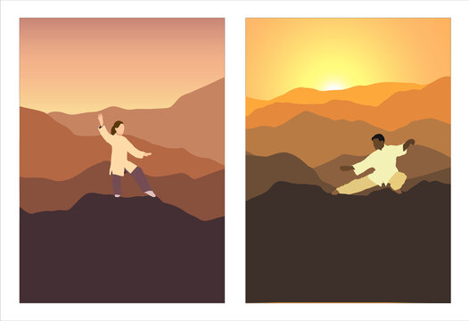 silhouette of a person in a sunset, qigong, tai chi posters