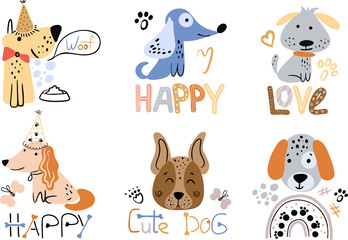 A set of vector cute dog drawings. A collection of cartoon puppy characters design with flat color. A set of funny pets isolated on a white background. Baby dog characters 