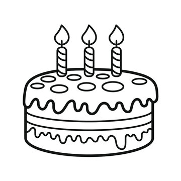 Happy birthday. Birthday cake with candles. Icon. Coloring book for children. Black and white vector image.