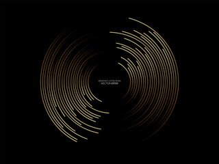 Abstract circle line pattern spin gold light isolated on black background in the concept of music, technology, digital