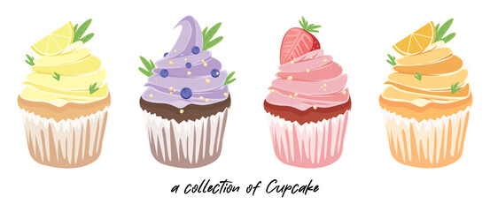 A collection set of cupcakes with whipped cream and fruit. Vector, muffin, blueberry, Strawberry, Orange, lemon, Sweet celebration Party, Bakery set