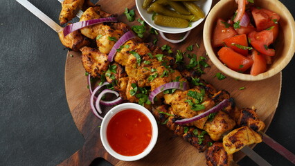 Barbecue meat. Chicken kebab. Chicken Shashlik with vegetables on wooden background. Rustic style....