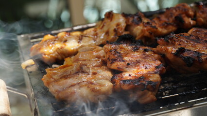 Fresh chicken steak grill meat on fire. Making barbecue on the grill