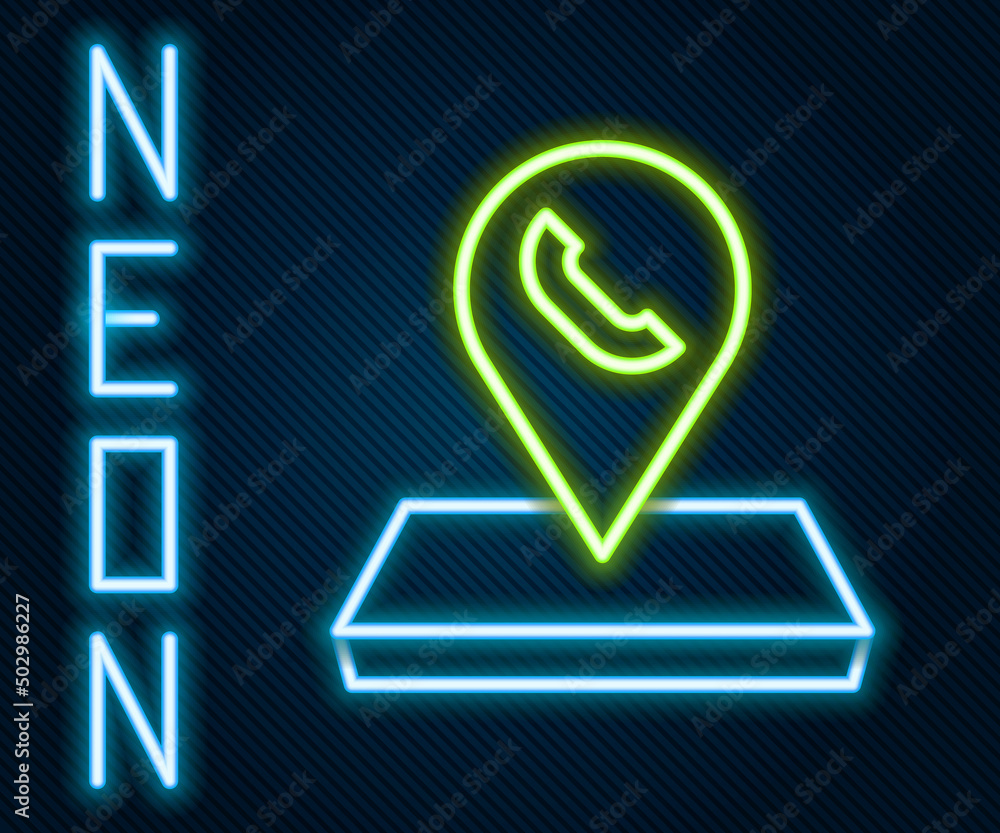 Poster glowing neon line map pointer with telephone or communication icon isolated on black background. cal