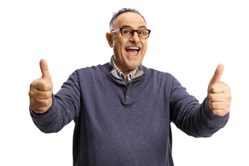 Excited mature man gesturing thumbs up