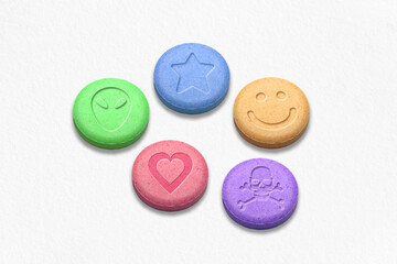 MDMA or Ecstasy pills on white background