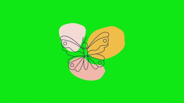 4k video of cartoon butterfly in doodle style on green background.