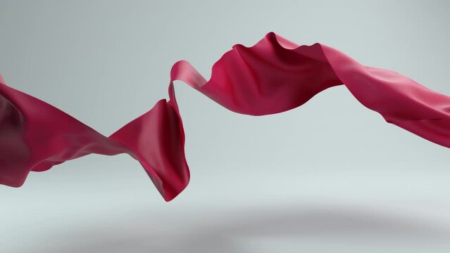 Red satin cloth piece of blowing fabric wave 3d rendered elegant textiles slow motion animation.