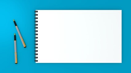 Mockup blank paper notebook or notepad on blue background.