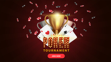 Poker tournament, dark and burgundy banner with button, symbol with lamp bulbs, cards, chips and champion cups