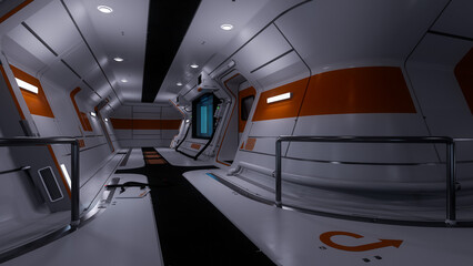 3D illustration of a corridor inside a futuristic science fiction space station or star ship. © IG Digital Arts