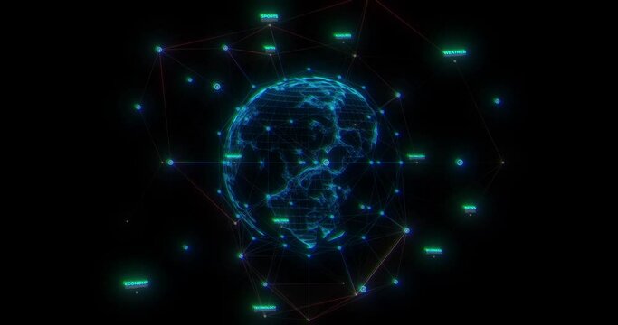 Digital animation of a network of lines connected with profile icons and texts. The screen slowly rotates to revealing more texts with globe