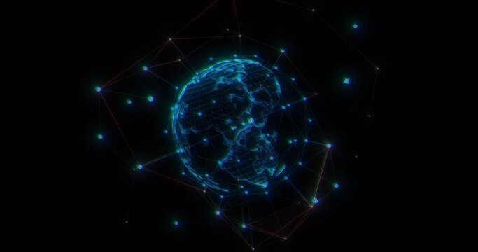 Digital animation of a network of lines connected with profile icons, lines, and dots. The screen slowly rotates to reveal more connections to the world map