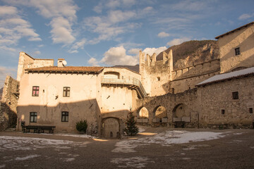 The Piazza Grande courtyard in the medieval 12th century Beseno Castle in Lagarina Valley in...