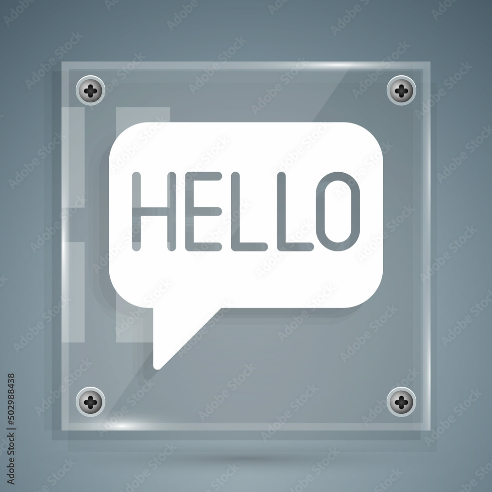 Aufkleber white hello in different languages icon isolated on grey background. speech bubbles. square glass pa