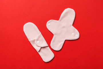 Eco-friendly reusable fabric women's pads. set of colorful bright reusable menstrual pads. zero waste woman periods concept top view with copy space