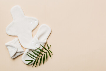 lean feminine sanitary napkin with green leaf. Absence of menstruation in woman. Minimal concept of female menopause. Copy space top view © sosiukin