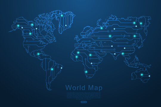 World map vector template with Abstract futuristic circuit board Illustration or High-tech technology mash line and point scales on dark background - Vector illustration ep 10 