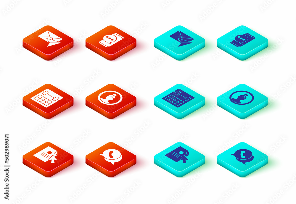Poster set document and cursor, telephone with speech bubble chat, calendar, create account screen, chat me