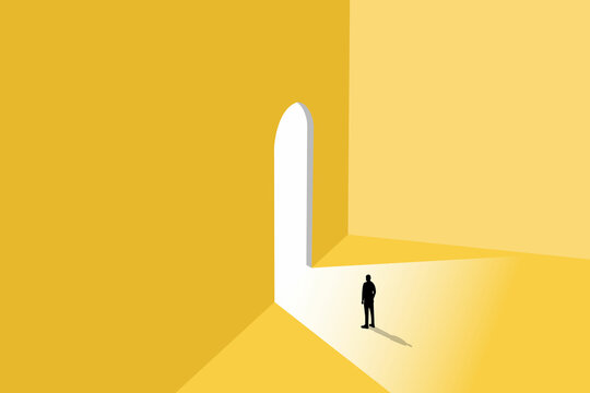 Business opportunity or career success vector concept with man walking enter door. Symbol of courage, ambition, having a goal, inspiration.
