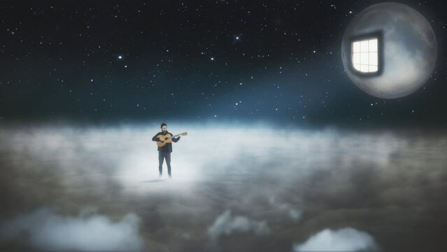 Musician Playing Guitar Above Clouds In Starry Space, Spotlight Moon Window. Spotlight over a male musician playing acoustic guitar standing on clouds with starry space in the background
