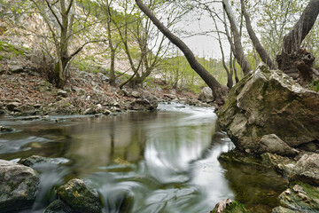 Long exposure river photo, water flow and reflection of trees on water surface.