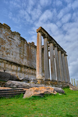 Aizanoi Ancient Greek City, low angle Temple of Zeus building. Temple of Zeus with greek columns.