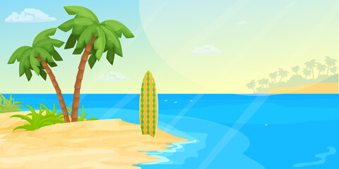 Fototapeta na wymiar Tropical seascape beach with sea, sand, palm trees and surf board in cartoon style. Horizontal banner, summer vacation exotic coast. Calm, relaxing scene.
