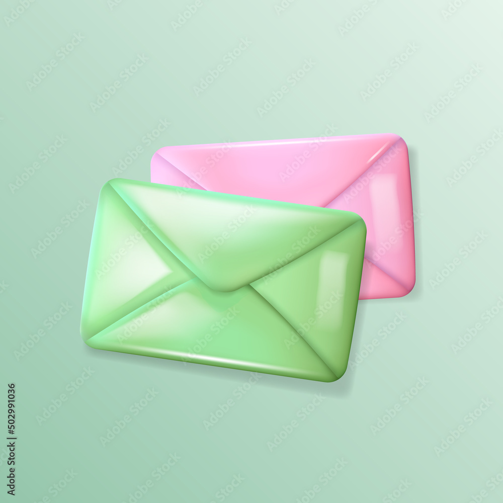 Poster top view of 3d rendering shiny green and pink letters. collection of cartoon glossy envelopes isolat