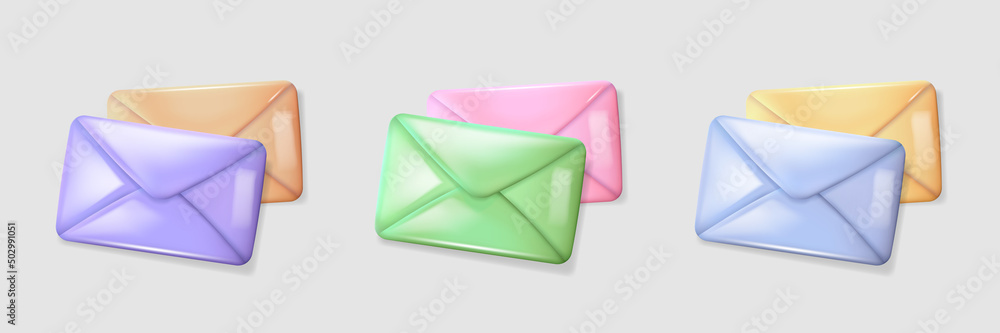 Poster set of 3d shiny colorful closed letters. collection of vector glossy envelopes isolated on white bac