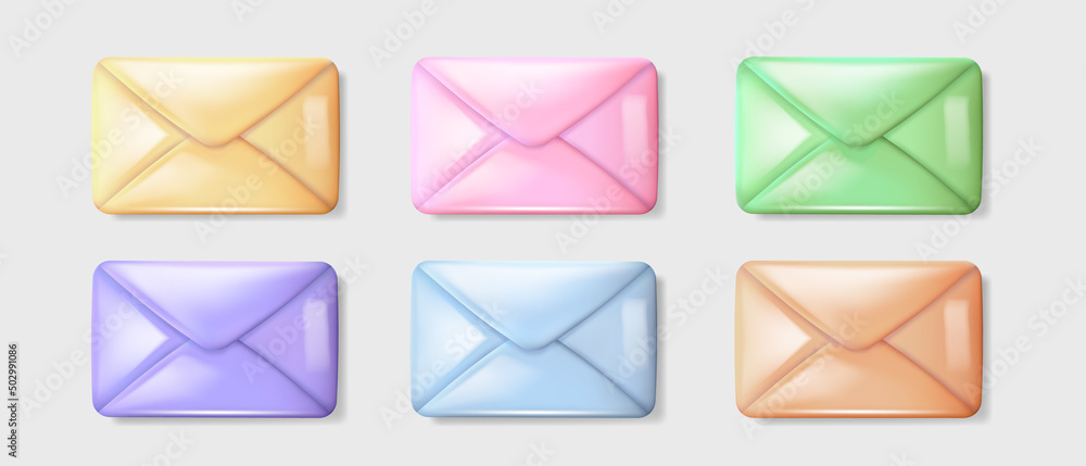 Poster set of 3d rendering cartoon closed shiny envelopes isolated on white background. top view of six vec