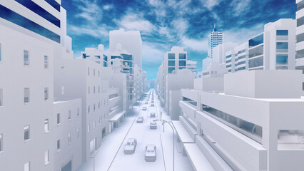 Empty street of abstract modern big city downtown looking as white architectural scale model with high rise buildings skyscrapers. With no people concept 3D illustration from my 3D rendering.