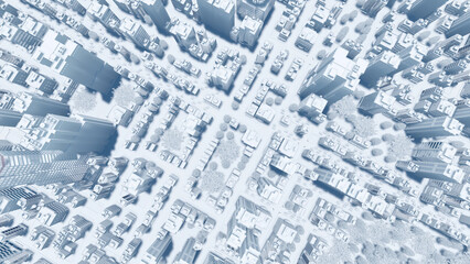 Top view of abstract modern city downtown looking as white architectural scale model with high rise building skyscrapers and empty street. Urban planning concept 3D illustration from my 3D rendering.