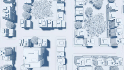 Straight overhead aerial view of abstract modern city downtown looking as white architectural scale model with high rise buildings and empty streets. Concept 3D illustration from my 3D rendering.