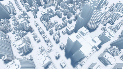 Aerial view of abstract modern city downtown looking as architectural scale model with high rise buildings skyscrapers and empty streets. Urban planning concept 3D illustration from my 3D rendering.