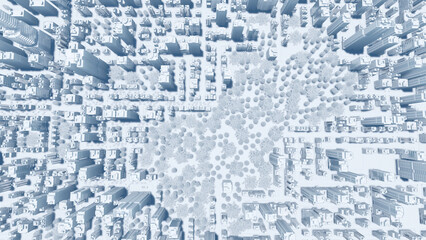 Top view of abstract modern big city downtown looking as white architectural scale model with high rise building skyscrapers and park area. Urban planning concept 3D illustration from my 3D rendering.