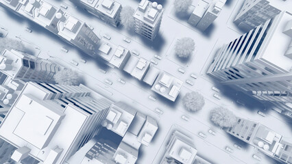 Top view of abstract modern city downtown looking as white architectural scale model with high rise buildings skyscrapers. Urban planning concept 3D illustration from my 3D rendering.