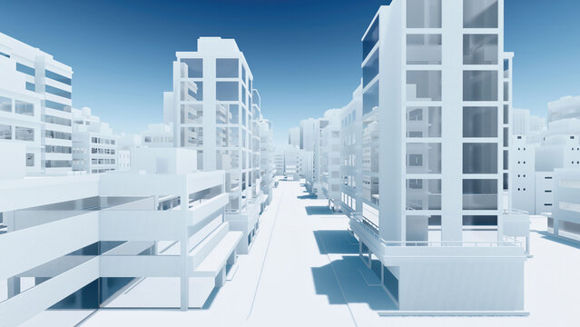Completely empty street of abstract modern city downtown looking as white architectural scale model with high rise buildings skyscrapers. With no people, no cars 3D illustration from my 3D rendering.