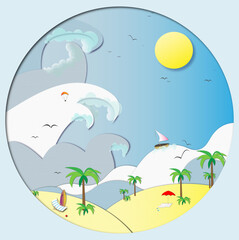 Fototapeta na wymiar tropical beach Summer greeting card in Paper cutout style